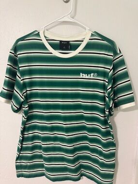 HUF Green and Cream Striped Logo Tee